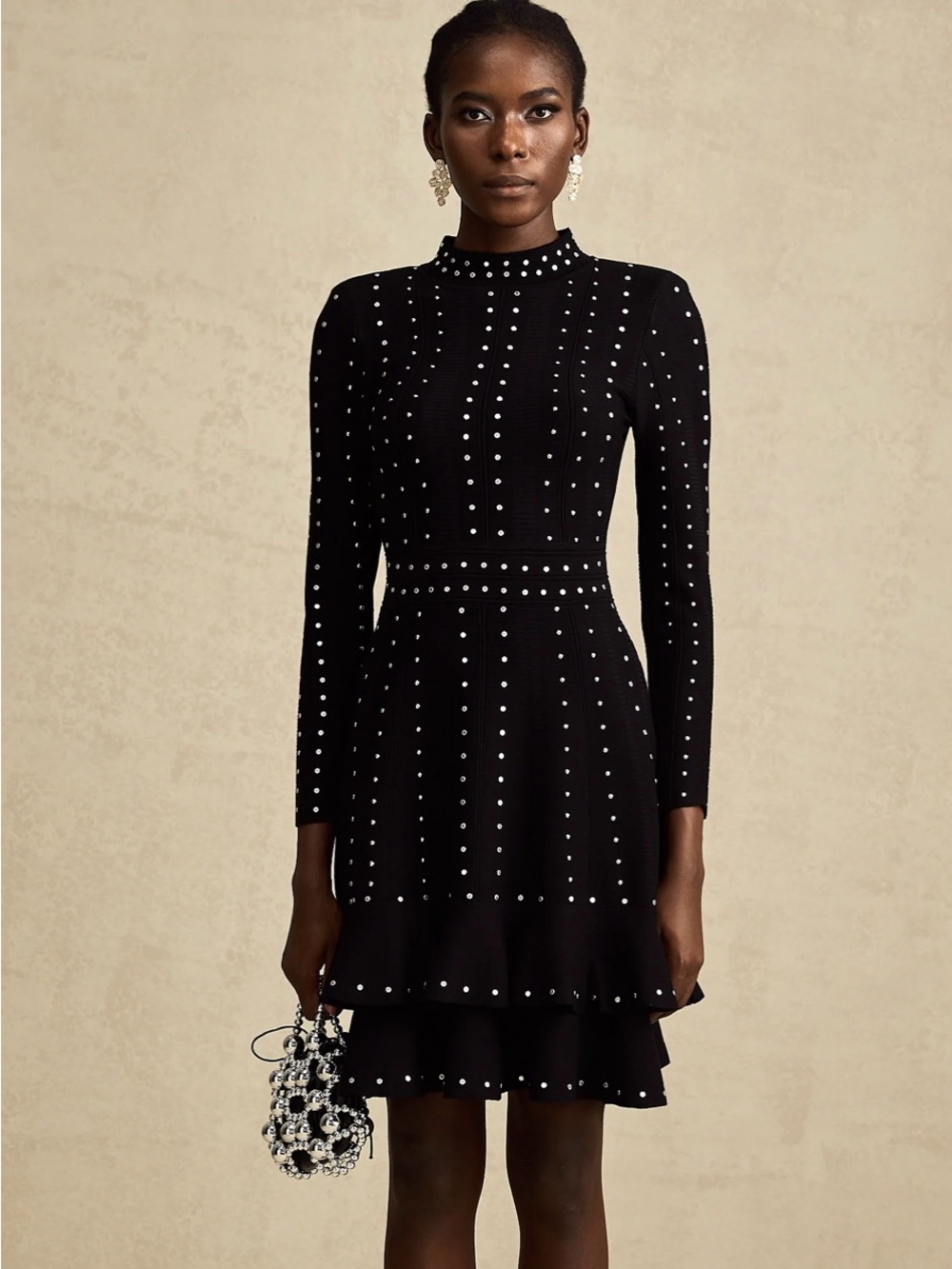 Fabienne Black Embellished Ruffled Knit Mini Dress - Picture 7 of 16